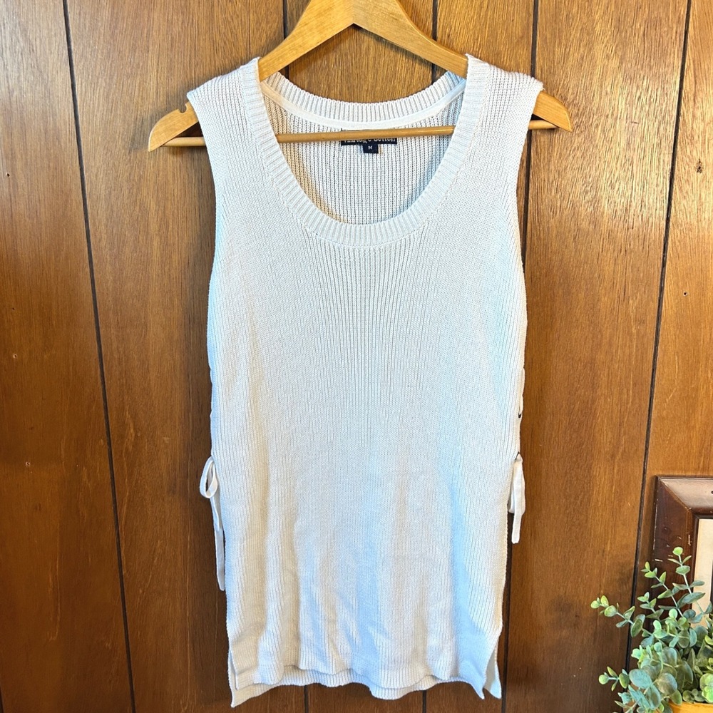Vintage Cotton White Knit Sleeveless Top Lace Up Sides Medium
